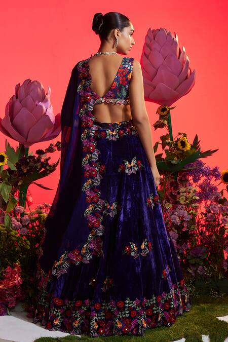 Nea By Nikita Tiwari Velvet Cutwork Embroidered Lehenga Set 