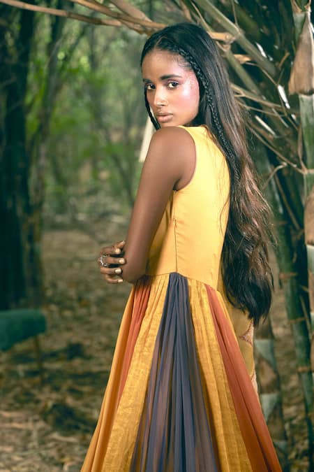 Shop_Shreeka_Yellow Viscose, Silk, Chanderi, Chiffon Colorblock Pleated Anarkali Set _at_Aza_Fashions