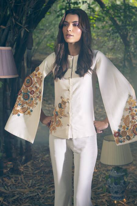 Buy Shreeka Ivory Lycra Embroidery 3d Flower Cape Jacket And Pant Set Online at Aza Fashions Buy_Shreeka_Ivory Lycra Embroidery 3d Flower Cape Jacket And Pant Set _Online_at_Aza_Fashions