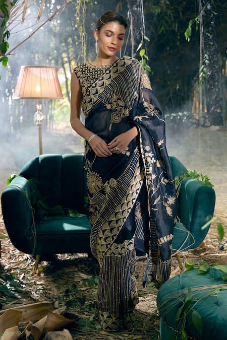 Shop_Shreeka_Black Organza, Viscose, Silk Sequins, Zari Scallop Embroidered Saree With Blouse _at_Aza_Fashions