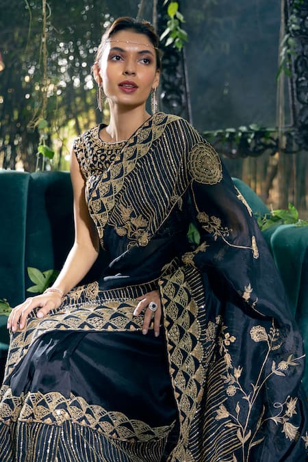 Shreeka_Black Organza, Viscose, Silk Sequins, Zari Scallop Embroidered Saree With Blouse _Online_at_Aza_Fashions
