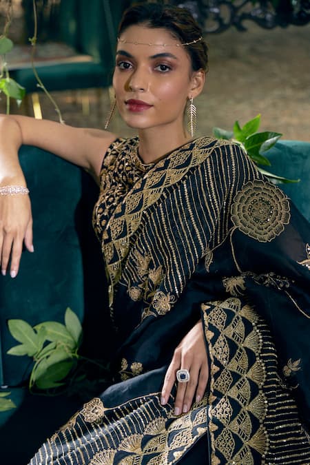 Buy_Shreeka_Black Organza, Viscose, Silk Sequins, Zari Scallop Embroidered Saree With Blouse _Online_at_Aza_Fashions