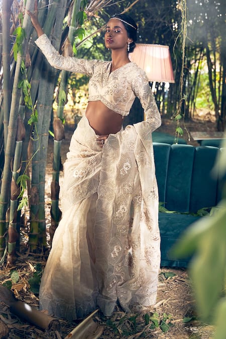 Shop_Shreeka_Ivory Chanderi, Viscose, Organza Sequins, Beads, Embroidered Saree With Blouse _at_Aza_Fashions
