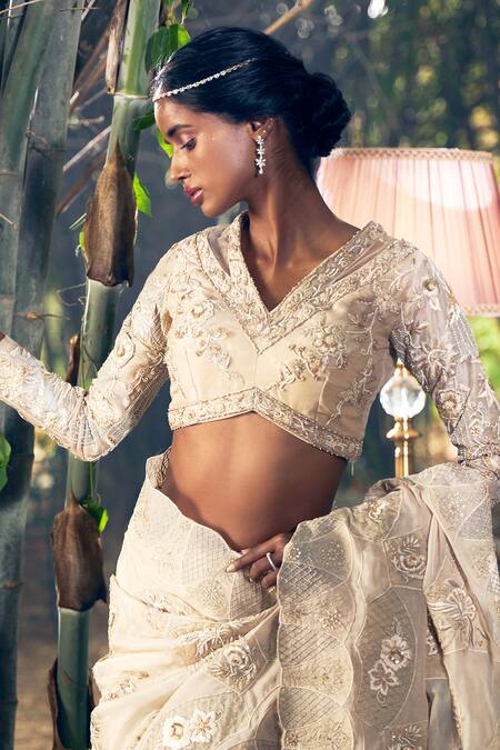 Buy_Shreeka_Ivory Chanderi, Viscose, Organza Sequins, Beads, Embroidered Saree With Blouse _Online_at_Aza_Fashions