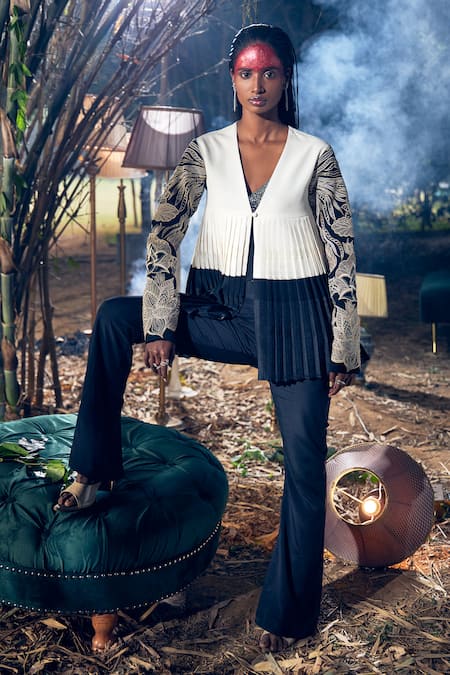 Shreeka_Black Georgette, Lycra, Viscose Sleeve Embroidered Jacket And Bootcut Pant Set _Online_at_Aza_Fashions