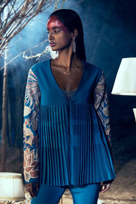 Buy Shreeka Blue Georgette, Silk, Lycra, Floral Sleeve Embroidered Jacket And Bootcut Pant Set Online at Aza Fashions Buy_Shreeka_Blue Georgette, Silk, Lycra, Floral Sleeve Embroidered Jacket And Bootcut Pant Set _Online_at_Aza_Fashions