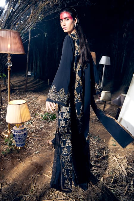 Buy_Shreeka_Black Tissue, Silk, Bamboo Sequins, Geometric Embroidered Jacket Palazzo Set _Online_at_Aza_Fashions