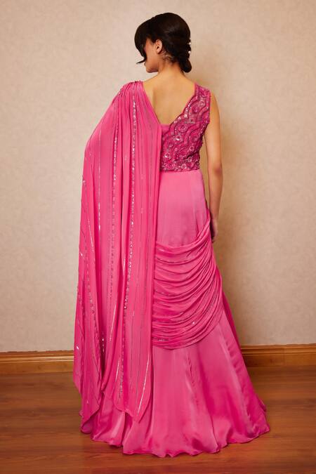 Shop Label Rsd Pink Mesh Hand Embroidered Bugle Beads V Neck Hot Saree Gown at Aza Fashions Shop_Label Rsd_Pink Mesh Hand Embroidered Bugle Beads V Neck Hot Saree Gown_at_Aza_Fashions