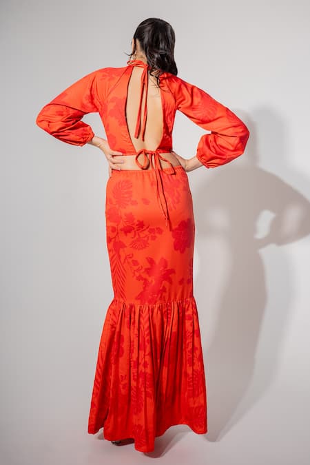 Shop Saangi Orange Satin Round Neck Blossom Print Side Cut Out Maxi Dress at Aza Fashions Shop_Saangi_Orange Satin Round Neck Blossom Print Side Cut Out Maxi Dress _at_Aza_Fashions