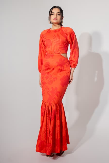 Saangi Orange Satin Round Neck Blossom Print Side Cut Out Maxi Dress Online at Aza Fashions Saangi_Orange Satin Round Neck Blossom Print Side Cut Out Maxi Dress _Online_at_Aza_Fashions