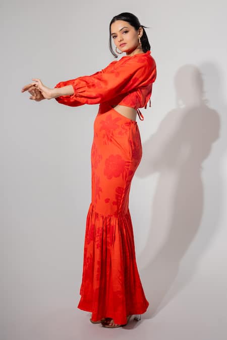 Buy Saangi Orange Satin Round Neck Blossom Print Side Cut Out Maxi Dress Online at Aza Fashions Buy_Saangi_Orange Satin Round Neck Blossom Print Side Cut Out Maxi Dress _Online_at_Aza_Fashions