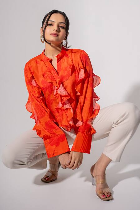 Saangi_Orange Chiffon Ruffles Mandarin Collar Florence Print Shirt_Online_at_Aza_Fashions