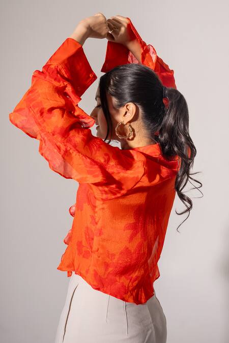 Buy_Saangi_Orange Chiffon Ruffles Mandarin Collar Florence Print Shirt_Online_at_Aza_Fashions