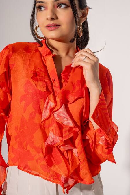 Shop_Saangi_Orange Chiffon Ruffles Mandarin Collar Florence Print Shirt_Online_at_Aza_Fashions