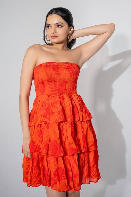 Saangi_Orange Chiffon Off-shoulder Florid Print Frilly Tiered Tube Dress_Online_at_Aza_Fashions