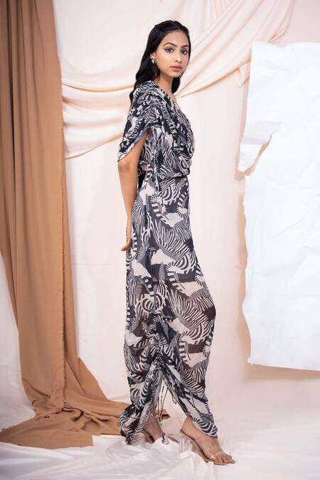 Saangi_Black Viscose, Georgette One Shoulder Zebra Print Maxi Dress_Online_at_Aza_Fashions
