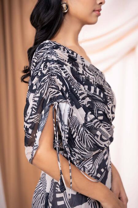 Shop_Saangi_Black Viscose, Georgette One Shoulder Zebra Print Maxi Dress_Online_at_Aza_Fashions