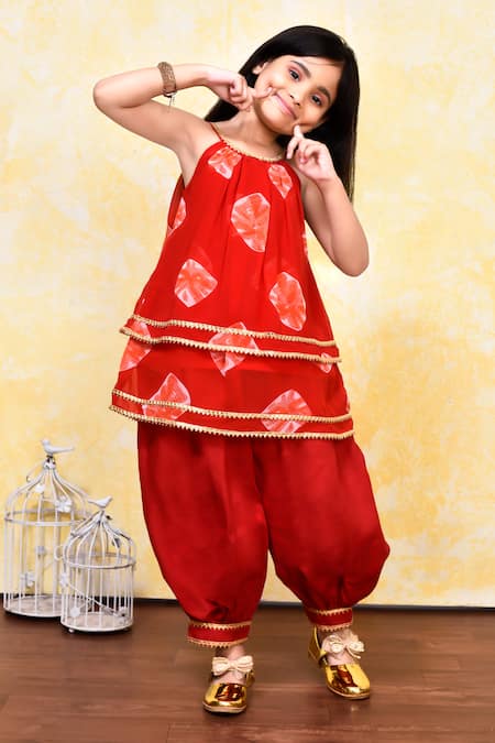 Banana Bee Red Kurta Georgette With Attached Cotton Lining Print Shibori Dhoti Salwar