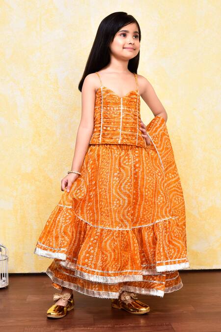 Buy_Petite Pomme_Yellow Cotton, Kota Doria Patti, Bandhani Print Layered Lehenga Set _Online_at_Aza_Fashions