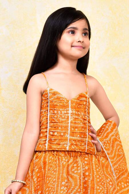 Shop Petite Pomme Yellow Cotton, Kota Doria Patti, Bandhani Print Layered Lehenga Set Online at Aza Fashions Shop_Petite Pomme_Yellow Cotton, Kota Doria Patti, Bandhani Print Layered Lehenga Set _Online_at_Aza_Fashions