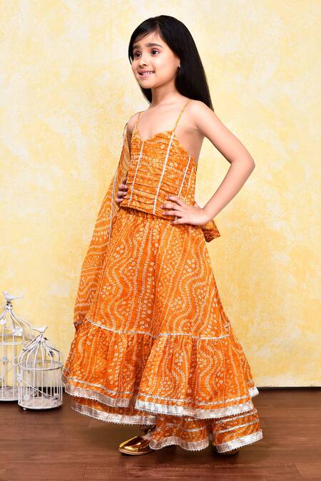 Petite Pomme_Yellow Cotton, Kota Doria Patti, Bandhani Print Layered Lehenga Set _at_Aza_Fashions