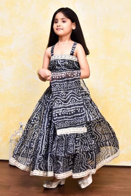 Shop_Petite Pomme_Black Cotton, Kota Doria Embroidery, Lace Bandhani Print Lehenga Set _Online_at_Aza_Fashions