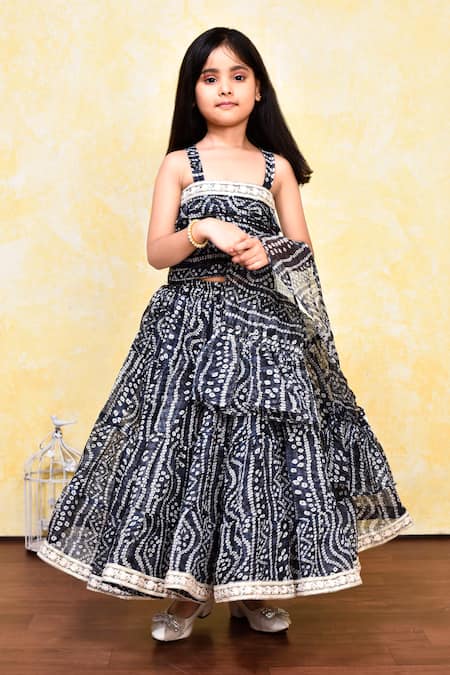 Petite Pomme_Black Cotton, Kota Doria Embroidery, Lace Bandhani Print Lehenga Set _at_Aza_Fashions