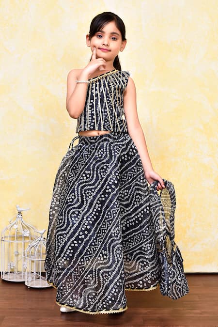 Buy_Petite Pomme_Black Cotton, Kota Doria Bandhani Print One Shoulder Blouse Lehenga Set _Online_at_Aza_Fashions