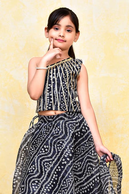 Shop Petite Pomme Black Cotton, Kota Doria Bandhani Print One Shoulder Blouse Lehenga Set Online at Aza Fashions Shop_Petite Pomme_Black Cotton, Kota Doria Bandhani Print One Shoulder Blouse Lehenga Set _Online_at_Aza_Fashions