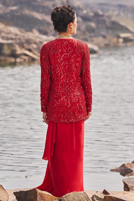Shop_Nidhika Shekhar_Red Crepe, Linen Sequins, Embroidery V-neck, Pre-draped Saree Set With Blazer _at_Aza_Fashions