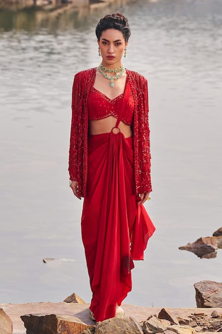 Nidhika Shekhar_Red Crepe, Linen Sequins, Embroidery V-neck, Pre-draped Saree Set With Blazer _Online_at_Aza_Fashions