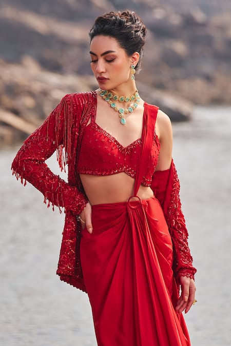 Buy_Nidhika Shekhar_Red Crepe, Linen Sequins, Embroidery V-neck, Pre-draped Saree Set With Blazer _Online_at_Aza_Fashions