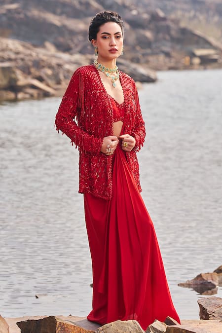 Shop_Nidhika Shekhar_Red Crepe, Linen Sequins, Embroidery V-neck, Pre-draped Saree Set With Blazer _Online_at_Aza_Fashions