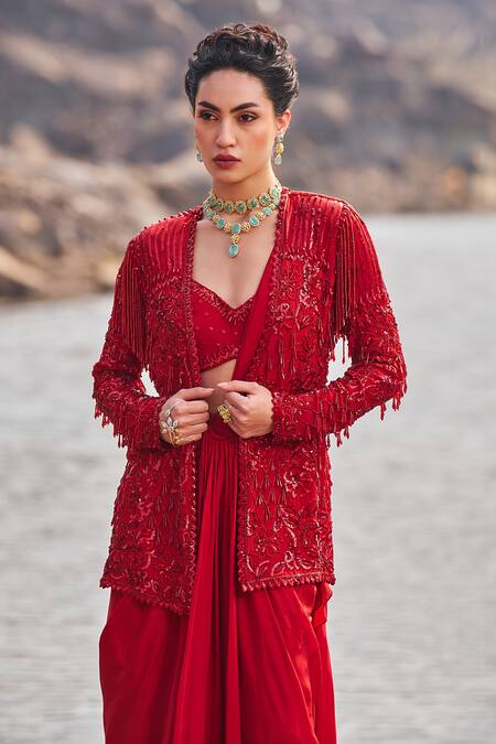 Nidhika Shekhar_Red Crepe, Linen Sequins, Embroidery V-neck, Pre-draped Saree Set With Blazer _at_Aza_Fashions