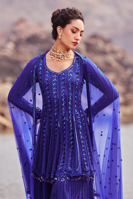 Nidhika Shekhar_Blue Georgette, Net, Silk Sequins, Jilmil Sitaare Jalsaa Kurta Sharara Set _Online_at_Aza_Fashions