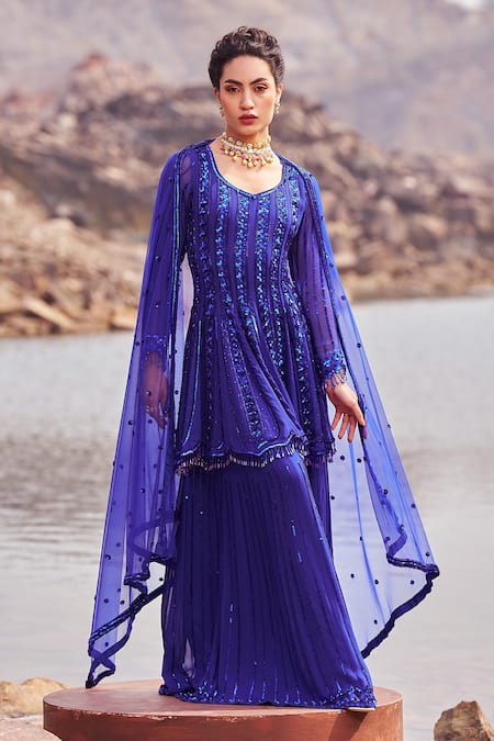 Buy_Nidhika Shekhar_Blue Georgette, Net, Silk Sequins, Jilmil Sitaare Jalsaa Kurta Sharara Set _Online_at_Aza_Fashions