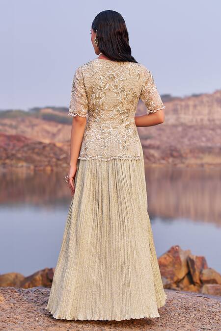 Shop_Nidhika Shekhar_Gold Organza, Net Sequins, Embroidery Jalsaa-e-umang Anarkali With Dupatta _at_Aza_Fashions