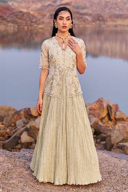 Nidhika Shekhar_Gold Organza, Net Sequins, Embroidery Jalsaa-e-umang Anarkali With Dupatta _Online_at_Aza_Fashions