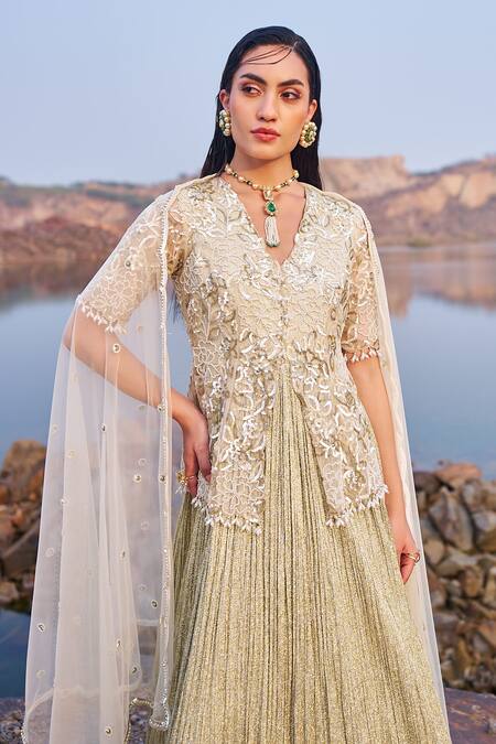 Buy_Nidhika Shekhar_Gold Organza, Net Sequins, Embroidery Jalsaa-e-umang Anarkali With Dupatta _Online_at_Aza_Fashions