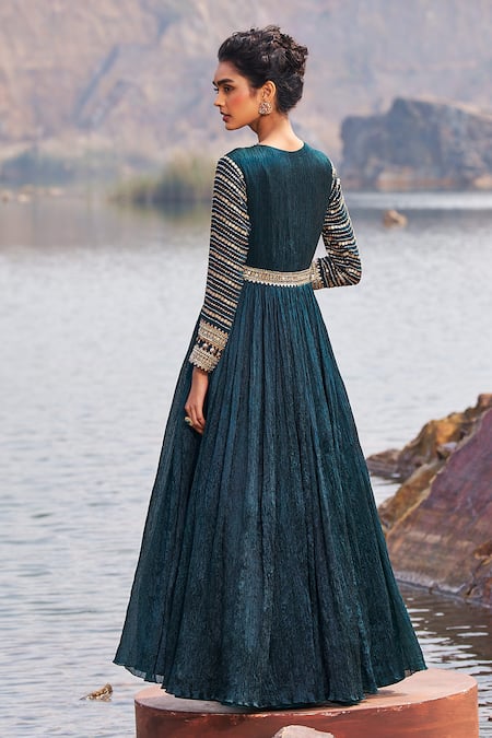 Shop_Nidhika Shekhar_Green Silk, Crepe, Organza Embroidery, Jalsaa E Ulfat Anarkali With Dupatta _at_Aza_Fashions