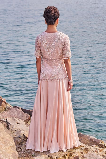 Shop_Nidhika Shekhar_Pink Organza, Crepe, Net Sequins, Pearls Ulfat E Embroidered Kurta Sharara Set _at_Aza_Fashions