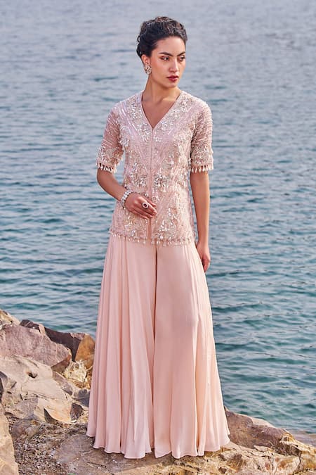Nidhika Shekhar_Pink Organza, Crepe, Net Sequins, Pearls Ulfat E Embroidered Kurta Sharara Set _Online_at_Aza_Fashions