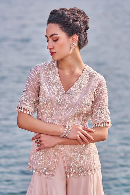 Buy_Nidhika Shekhar_Pink Organza, Crepe, Net Sequins, Pearls Ulfat E Embroidered Kurta Sharara Set _Online_at_Aza_Fashions
