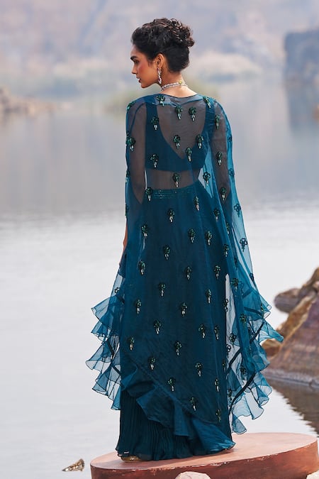 Shop_Nidhika Shekhar_Green Georgette Sequins, Jilmil Sitaare Jalsaa Embroidered Cape Sharara Set _at_Aza_Fashions