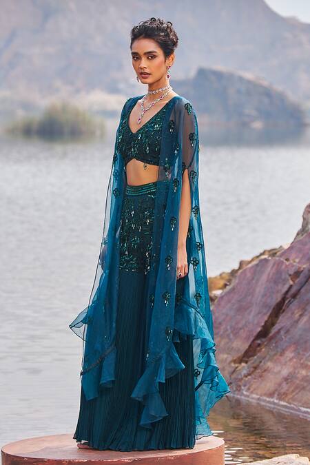 Nidhika Shekhar_Green Georgette Sequins, Jilmil Sitaare Jalsaa Embroidered Cape Sharara Set _Online_at_Aza_Fashions