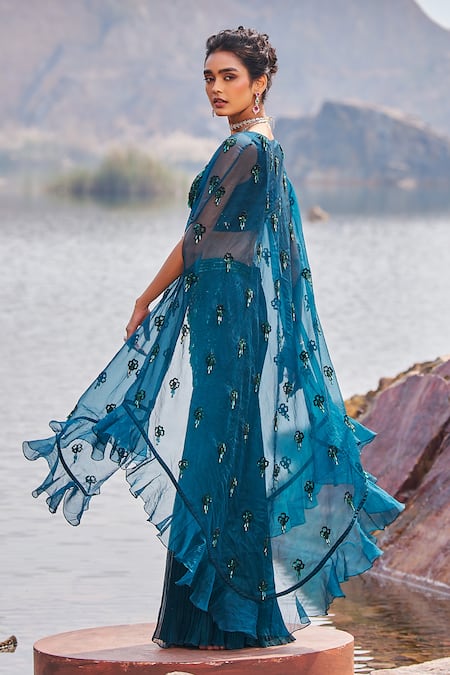 Buy_Nidhika Shekhar_Green Georgette Sequins, Jilmil Sitaare Jalsaa Embroidered Cape Sharara Set _Online_at_Aza_Fashions