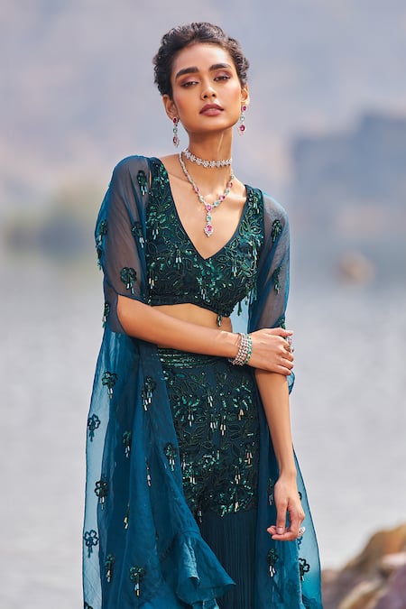 Shop_Nidhika Shekhar_Green Georgette Sequins, Jilmil Sitaare Jalsaa Embroidered Cape Sharara Set _Online_at_Aza_Fashions