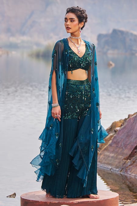 Nidhika Shekhar_Green Georgette Sequins, Jilmil Sitaare Jalsaa Embroidered Cape Sharara Set _at_Aza_Fashions