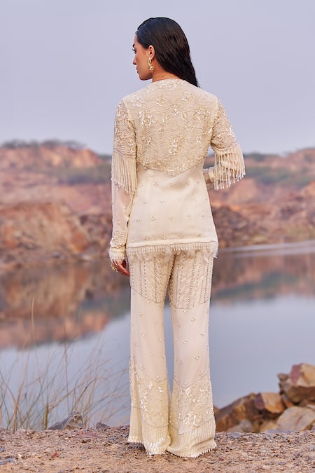 Shop_Nidhika Shekhar_Ivory Georgette, Linen Sequins, Jalsaa E Khaas Embroidered Top And Pant Set _at_Aza_Fashions
