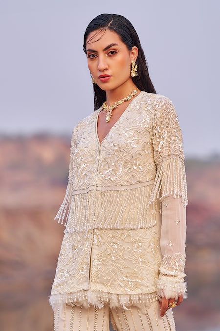Nidhika Shekhar_Ivory Georgette, Linen Sequins, Jalsaa E Khaas Embroidered Top And Pant Set _Online_at_Aza_Fashions